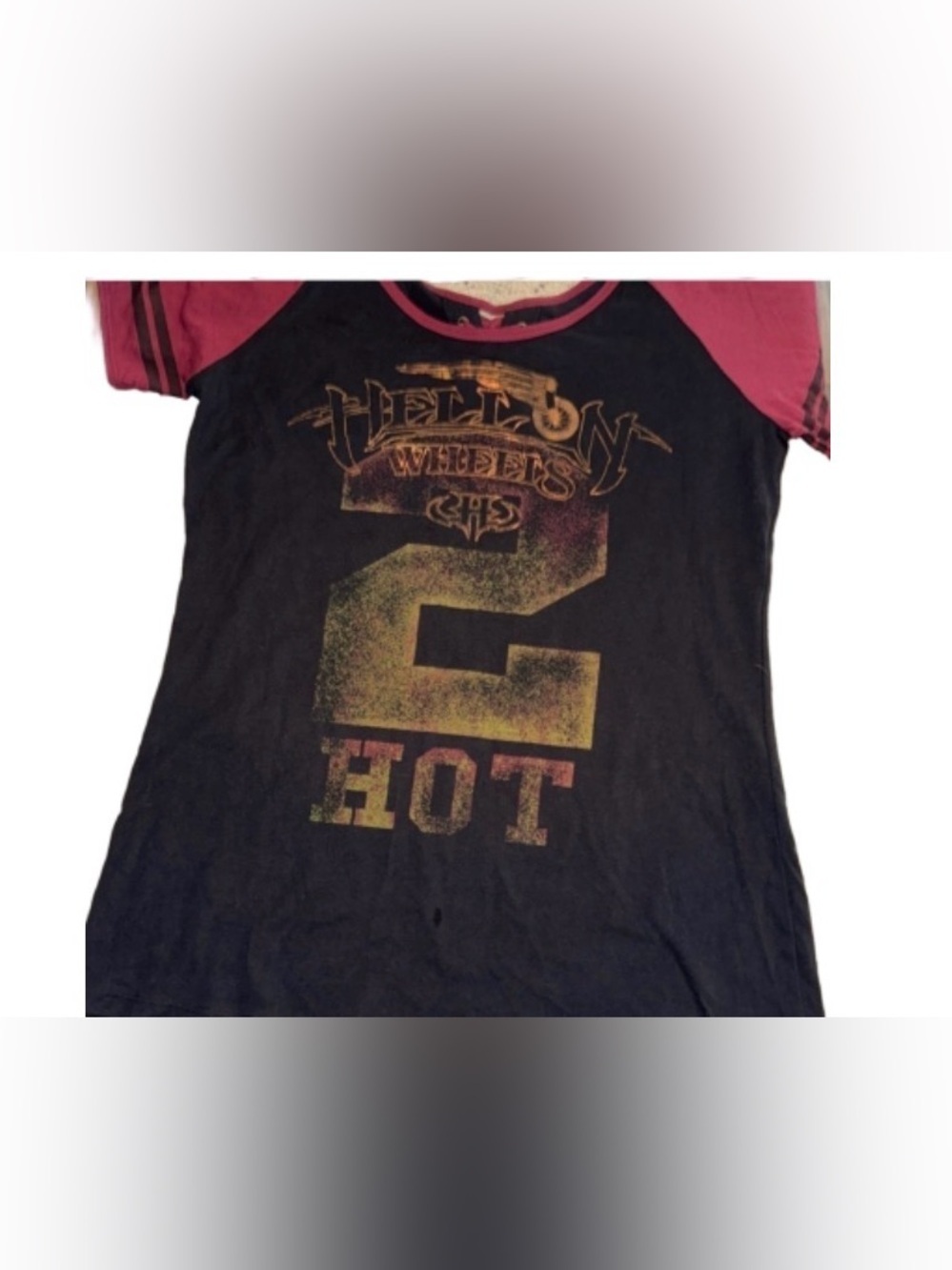 Biker lady rider T "hell on wheels 2 Hot" metallic foil back tie detail top